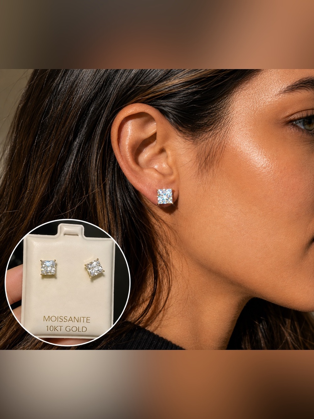 2 CTW Princess Cut Moissanite Stud Earrings 10K Solid Gold D VVS 5.5mm GRA